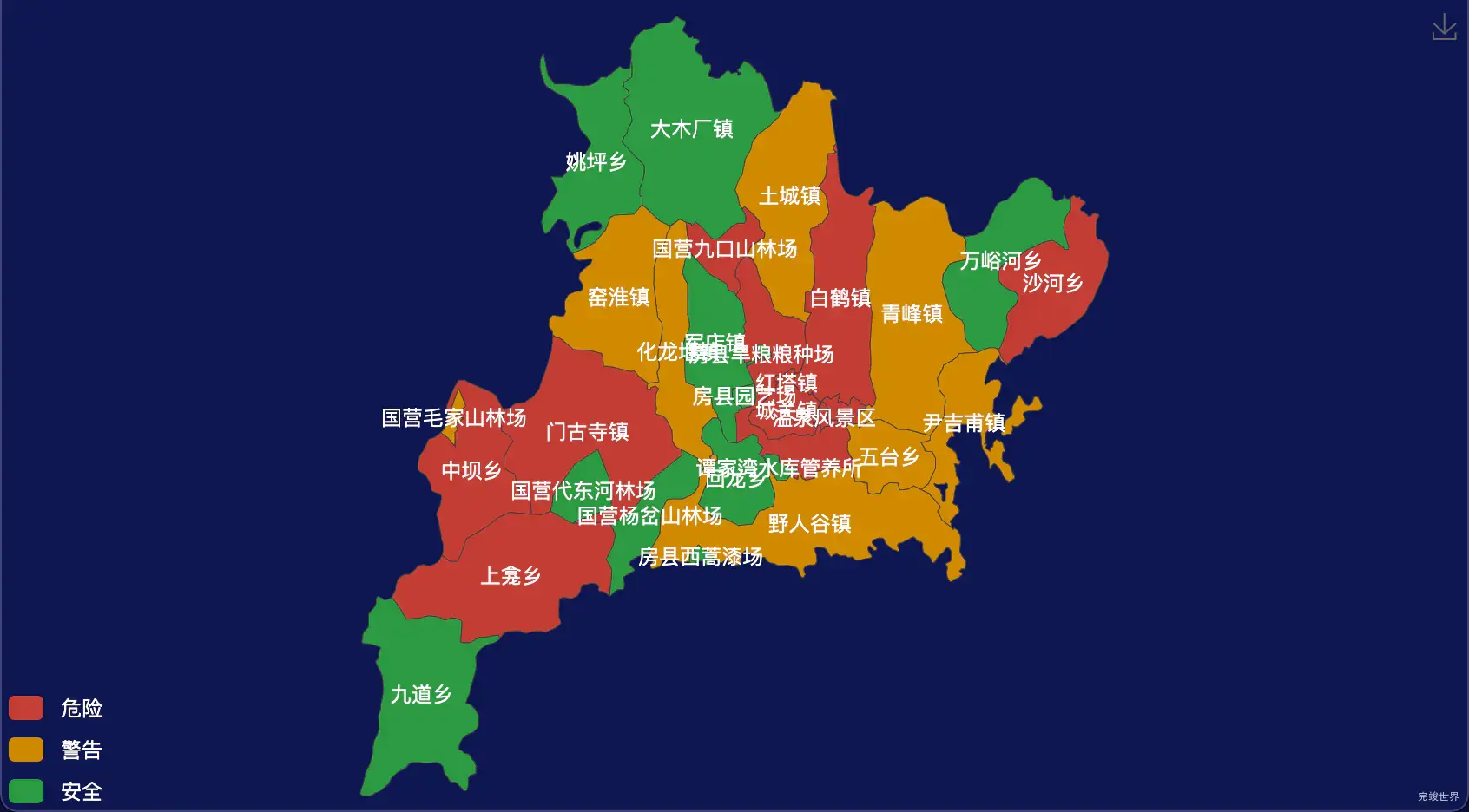自定义配色的十堰市房县GeoJSON地图